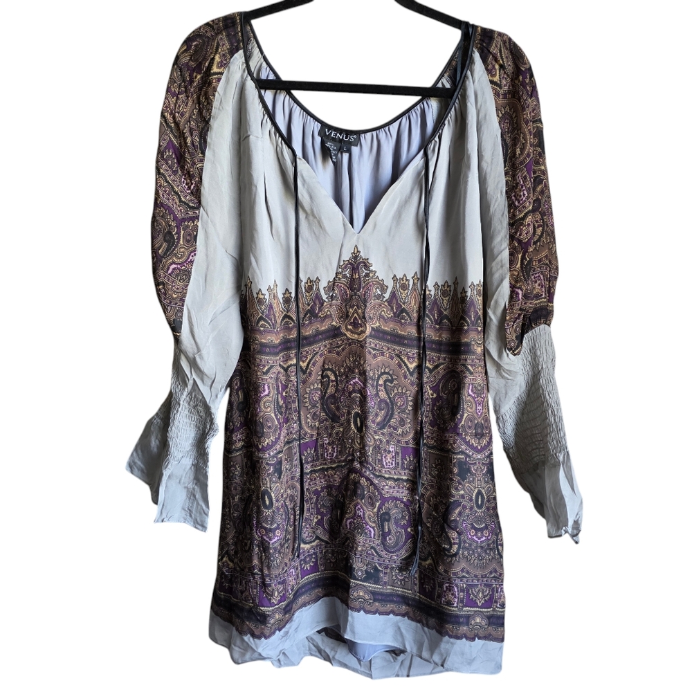 Venus Silk Purple Brown Paisley Flowy Peasant Smocked Sleeve Tunic Blouse Size L